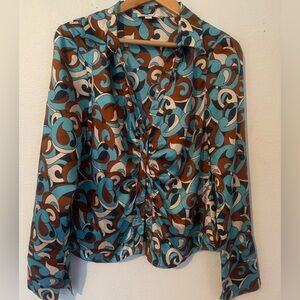 Top Shop Chemise Froncee Turquoise Brown Patterned Women's Top Size 10